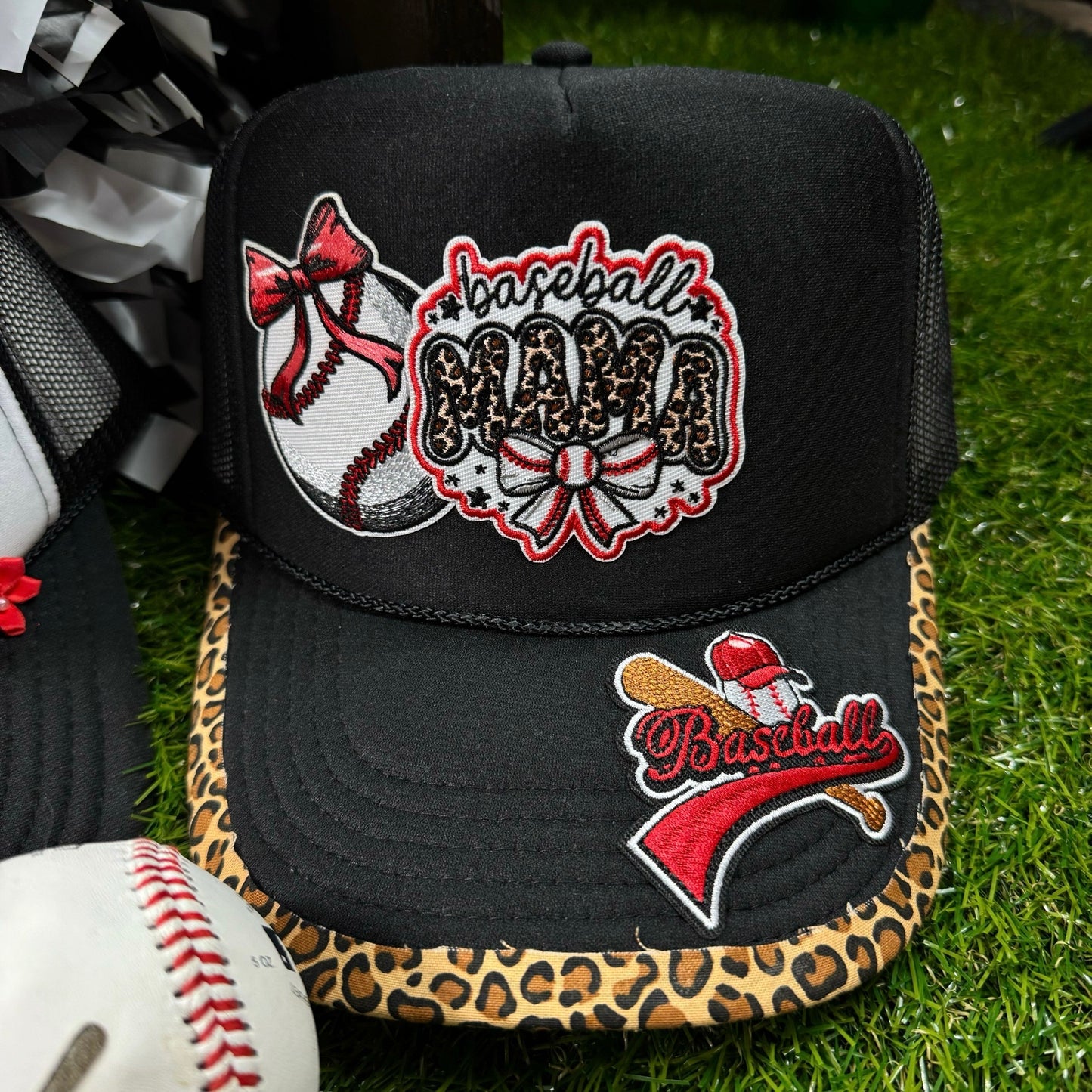 Baseball Mama Black Leopard Trucker Hat