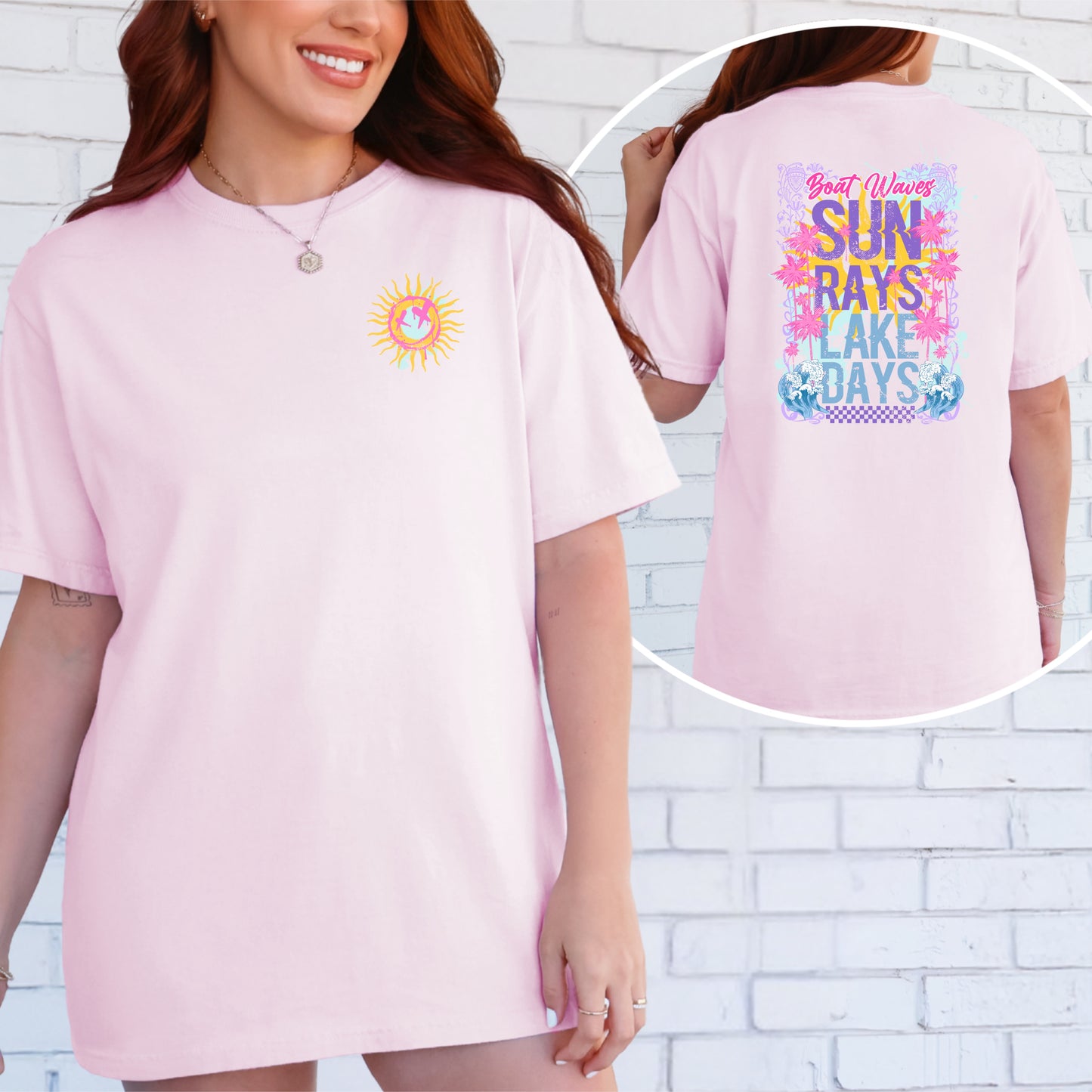 Boat waves sun rays pink